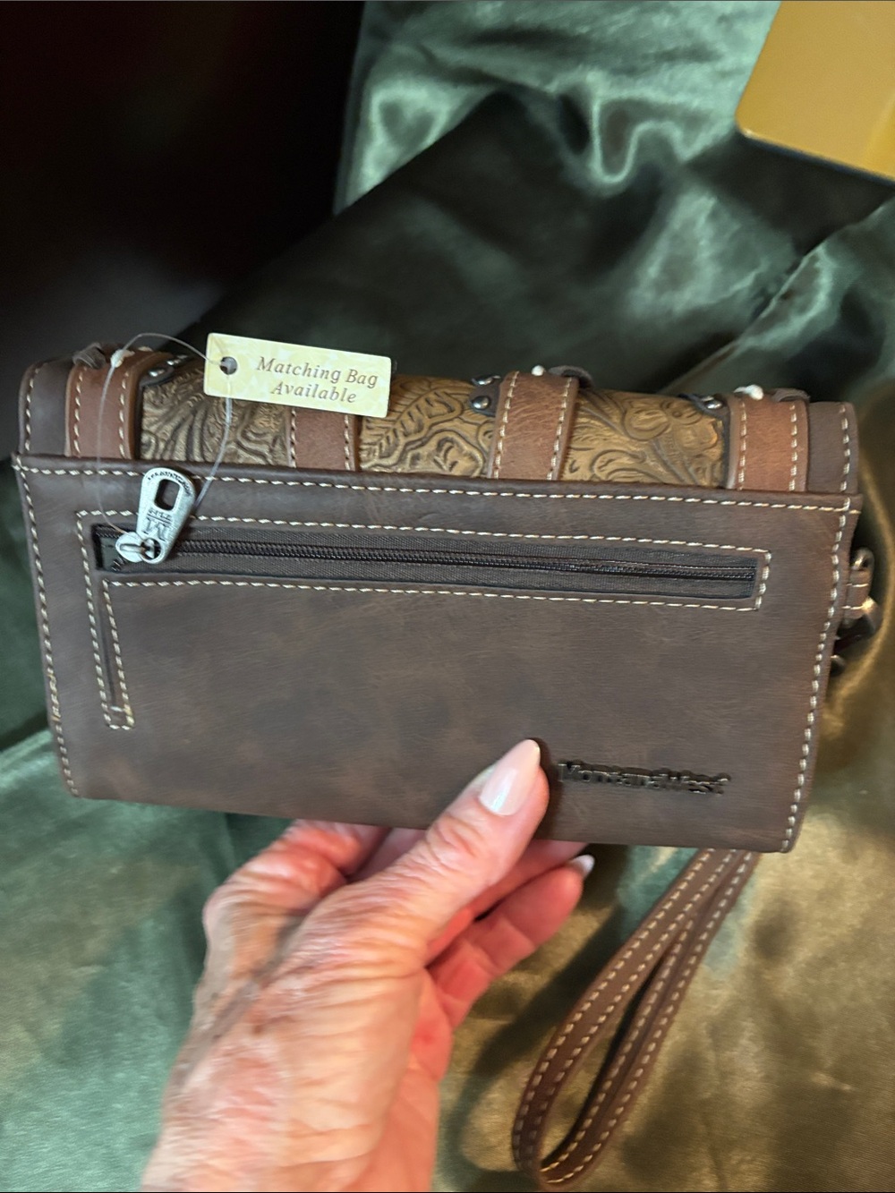 Montana West Brown Tooled Leather Wristlet Wallet with Turquoise Accent - Picture 6 of 9